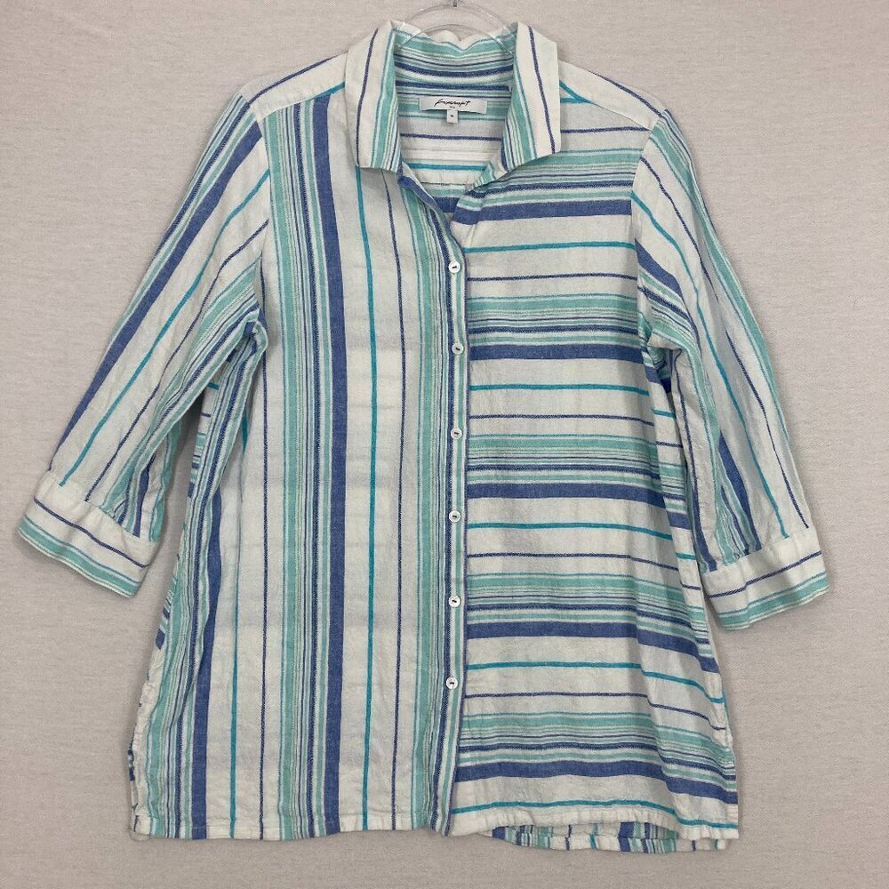 Foxcroft Blue Striped 3/4 Sleeve Linen Blend Button Down size 14 Preppy
